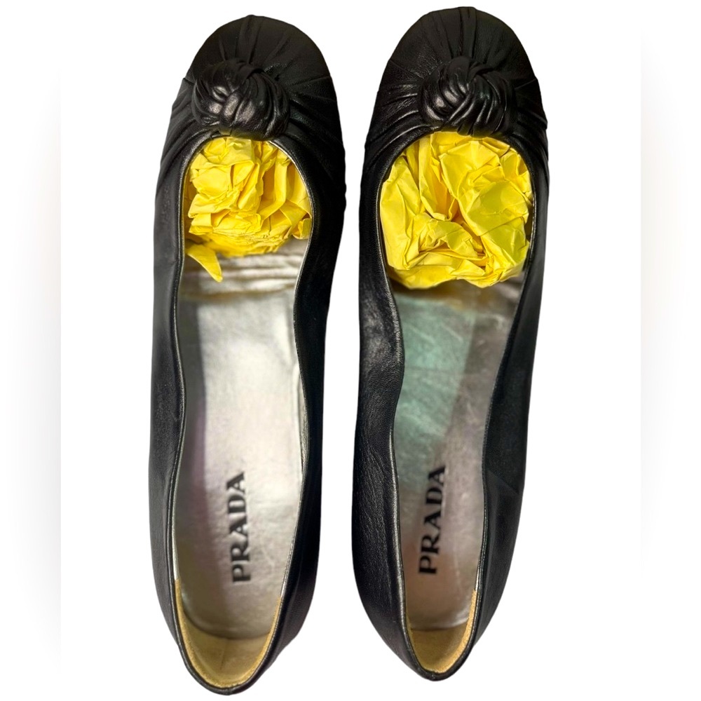 Prada Bow Knot Ballet Flats Black Soft Leather Womens Shoe EU 36/ US 6